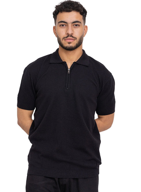 Black Design 01055Knit Polo Neck Zipper - T-Shirt - Khotwh